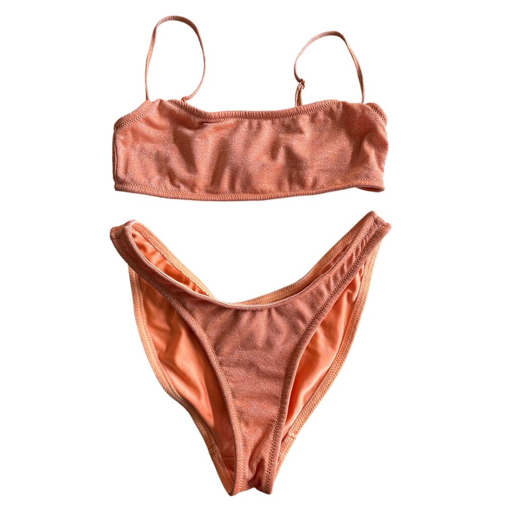 TRIANGL Bikini Set Small Coral Peach Shimmer Bandeau High Cut 2 Piece + Bag
